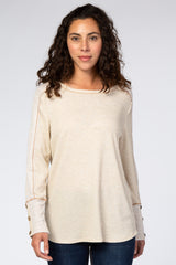 Beige Waffle Knit Long Button Sleeve Maternity Top