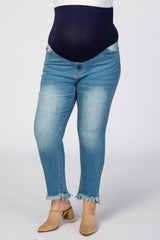 Medium Wash Fringe Hem Cropped Plus Maternity Jeans
