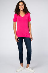 Fuchsia V-Neck Short Sleeve Top