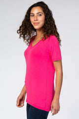 Fuchsia V-Neck Short Sleeve Top