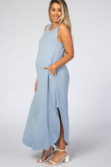 Light Blue Rounded Hem Maternity Maxi Dress