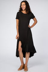 Black Short Sleeve Ruffle Hem Maternity Maxi Dress