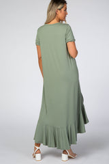 Light Olive Short Sleeve Ruffle Hem Maternity Maxi Dress