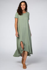 Light Olive Short Sleeve Ruffle Hem Maxi Dress