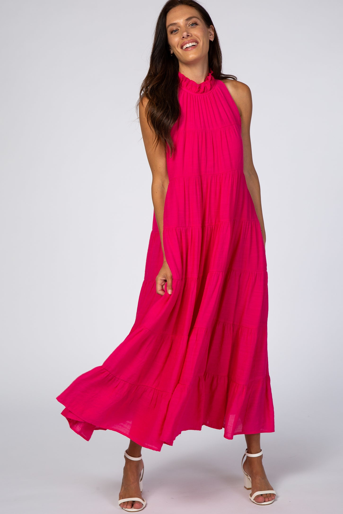 Fuchsia Tiered High Neck Maternity Maxi Dress