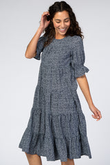 Navy Floral Tiered Midi Dress