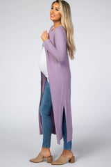 Lavender Soft Ribbed Long Maternity Cardigan