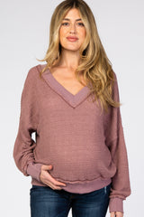 Mauve Waffle Knit V-Neck Long Sleeve Maternity Top