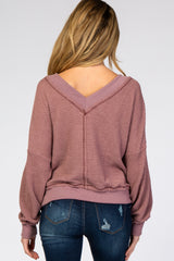 Mauve Waffle Knit V-Neck Long Sleeve Maternity Top