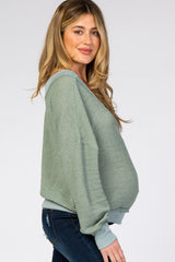 Dark Mint Waffle Knit V-Neck Long Sleeve Maternity Top