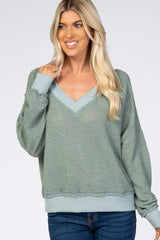 Dark Mint Waffle Knit V-Neck Long Sleeve Maternity Top