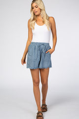 Navy Blue Striped Fringe Hem Drawstring Maternity Shorts
