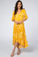 Yellow Leaf Print Hi-Low Wrap Maternity Midi Dress