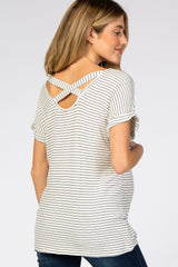 White Striped Ribbed Crisscross Back Maternity Top