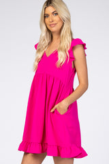 Fuchsia Ruffle Hem V-Neck Dress