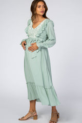 Mint Floral Embroidered Ruffled Maternity Midi Dress