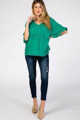 Green Ruffle Dolman Sleeve V-Neck Maternity Top