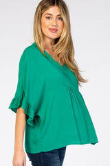 Green Ruffle Dolman Sleeve V-Neck Maternity Top