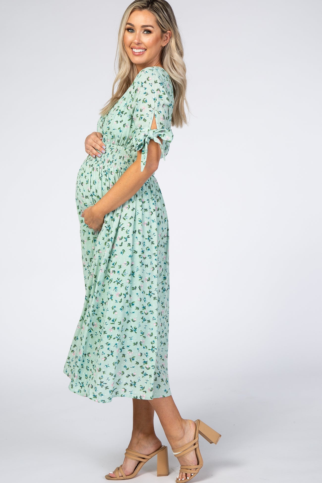 asos mint green maternity dress ASOS DESIGN Maternity wrap front midi dress with seaming details in sage green