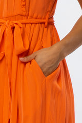Orange Front Button Ruffle Tiered Hem Midi Dress
