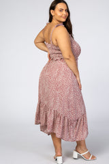 Mauve Dot Print Smocked Plus Midi Dress