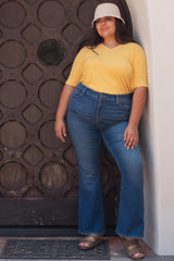 Yellow V-Neck Waffle Knit Plus Top