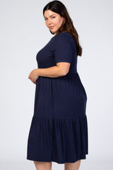 Navy Blue Ribbed Tiered Plus Dress