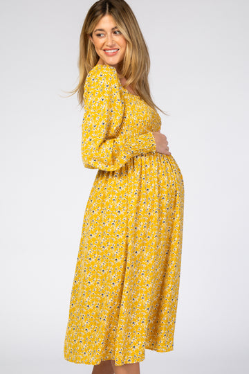 Yellow Floral Smocked Bubble Sleeve Maternity Midi Dress