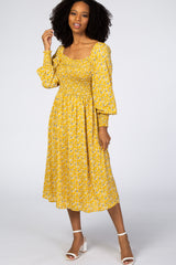 Yellow Floral Smocked Bubble Sleeve Maternity Midi Dress