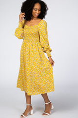 Yellow Floral Smocked Bubble Sleeve Midi Dress