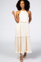 Ivory Pleated Ruffle Tier Halter Midi Dress