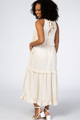 Ivory Pleated Ruffle Tier Halter Midi Dress