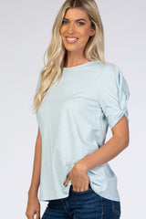 Light Blue Short Twisted Sleeve Round Neck Top