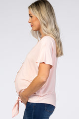 Light Pink Tie Front Short Sleeve Maternity Top