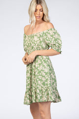 Green Floral Off Shoulder Mini Dress