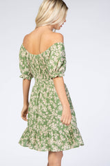Green Floral Off Shoulder Mini Dress