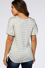 Heather Grey Ivory Striped Ruffle Short Sleeve Maternity Top