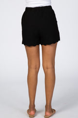 Black Scalloped Hem Linen Shorts