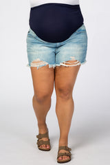 Light Blue Distressed Hem Maternity Plus Jean Shorts