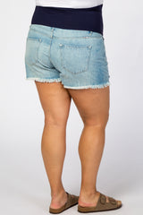 Light Blue Distressed Hem Maternity Plus Jean Shorts
