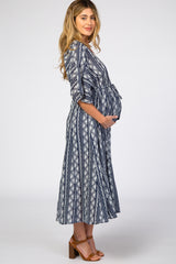 Navy Printed V-Neck Maternity Midi Dress
