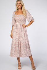 Light Pink Floral Smocked Maternity Midi Dress
