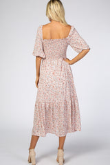 Light Pink Floral Smocked Midi Dress