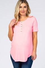 Neon Pink Button Down Short Sleeve Maternity Top