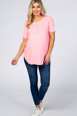 Neon Pink Button Down Short Sleeve Maternity Top