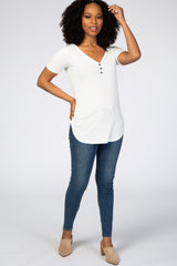 Ivory Ribbed Short Sleeve Button Detail Top