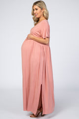 Pink Empire Waist Side Slit Maternity Maxi Dress