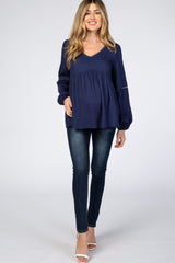 Navy Blue Textured Crochet Trim Maternity Blouse