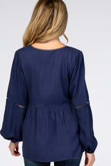 Navy Blue Textured Crochet Trim Maternity Blouse