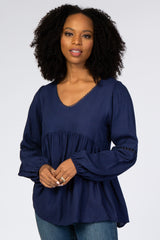 Navy Blue Textured Crochet Trim Maternity Blouse